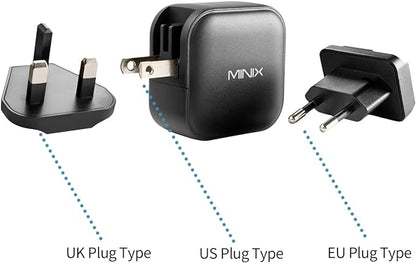 MINIX 66W Turbo 3-Port GaN Wall Charger 2 x USB-C Fast Charging Adapter, 1 x USB-A Quick Charge 3.0, Compatible with MacBook Pro Air, iPad Pro, iPhone 16/15/13/12/11, Galaxy S9 S8 and More (NEO P1)