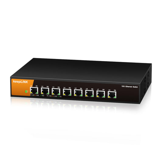 keepLiNK 8 Port 10G Ethernet Switch Unmanaged, 8X 10G RJ45 Ports Support 10G/5G/2.5G/1000M/100M Auto-Negotiation, 160Gbps Switching Capacity, Desketop or Rackmountable Plug and Play Network Switch