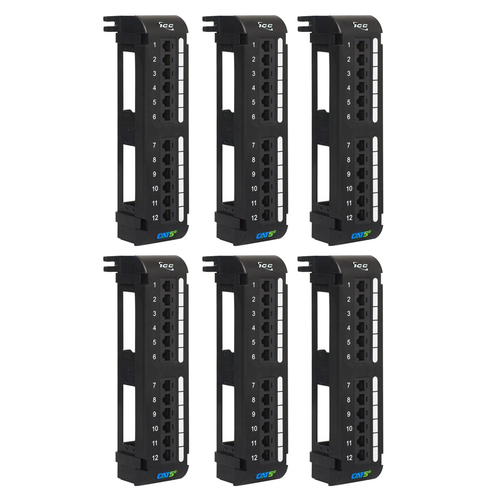 ICC CAT6 RJ45 Patch Panel, 12-Port Wall Mount Rear IDC, Black, 1-Pack