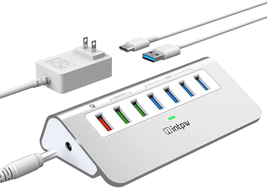 Powered USB Hub 10Gbps, 7 Port USB 3.2 Gen 2 Hub with 4 USB 3.2 Data Ports, 3 Fast Charging Ports, 36W Power Adapter, Type A and Type C Cable, Aluminum USB Hub for Laptop, Mac, PC