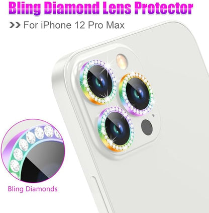 AGVEE 3+3 6 Pack for iPhone 12 Pro Max 6.7" Camera Lens Cover Protector, Bling Diamond & Bling Glitter Metal Ring 9H Tempered HD Glass Camera Cover Protector Film, Bling-Colorful