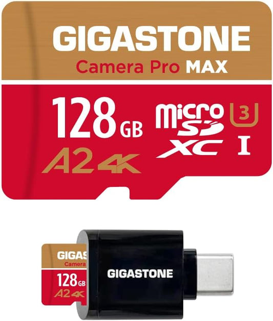 【5-Years Data Recovery】 GIGASTONE 128GB Micro SD Card with USB 3.2 Type C Card Reader, 4K Camera Pro MAX, Speed Up to 150MB/s Compatible with Gopro, DJI, Dash Cam, MicroSDXC UHS-I A2 V30 U3