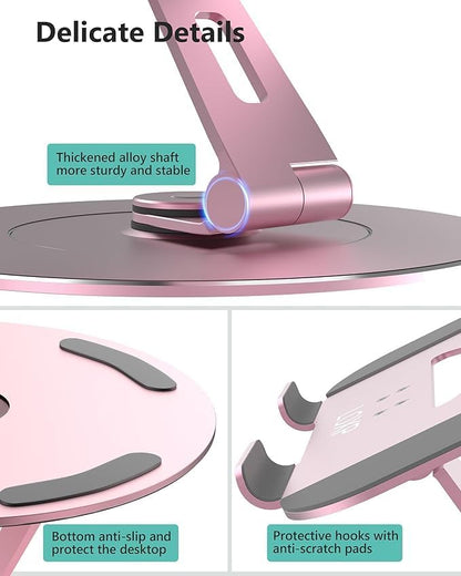 Ultra-Stable Aluminumy Swivel Laptop Stand for Desk with Rotating Foldable Phone Holder, 300% Larger Base, Stylish Computer Stand for Women, Men Office, Fits 10-17.3" Laptops, Pink