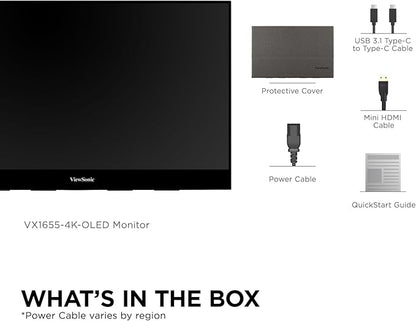 ViewSonic VX1655-4K-OLED 15.6 Inch 4K UHD Portable OLED Monitor with 2 Way Powered 60W USB C, Mini HDMI, Dual Speakers, and Built-in Stand with Magnetic Cover