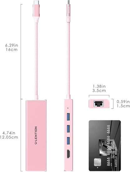 LENTION USB C Hub with Gigabit Ethernet Adapter, 4K HDMI, 3 USB 3.0 Port for 2024-2016 MacBook Pro 13/14/15/16, New Mac Air & Surface, Chromebook, More, Stable Driver Certified (CB-C25, Rose Gold)