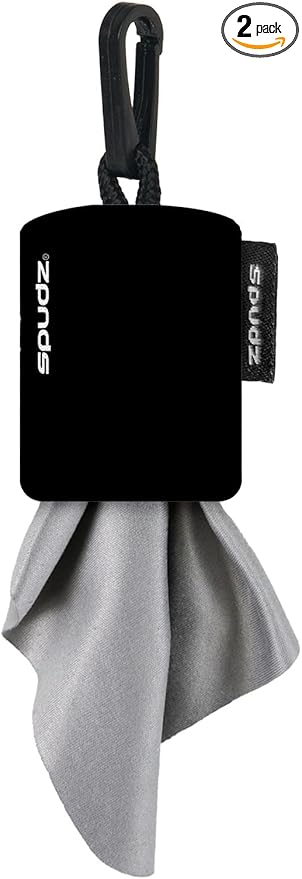 SPUDZ Ultra Microfiber Lens Cleaner – Closable Pouch, Clip-On, Washable – for Optics, Scopes, Glasses | Black, 6 x 6 Inch (2-Pack)