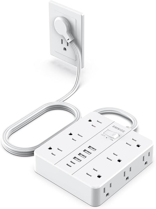 Power Strip Flat Plug with 12 Outlets 6 USB(2 USB C),SMNICE Power Strip Charging Station with Overload Protection,5ft Extension Cord Widely Spaced Multiple Outlets for Home Office Dorm Essentials