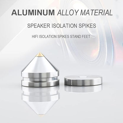 4Pcs Speaker Spikes Floor Protectors Shockproof Speaker Isolation Spikes with Base Pad for Speaker,Subwoofer,Amplifier,Turntable,Recorder CD DAC with 3m Adhesive (Silver)