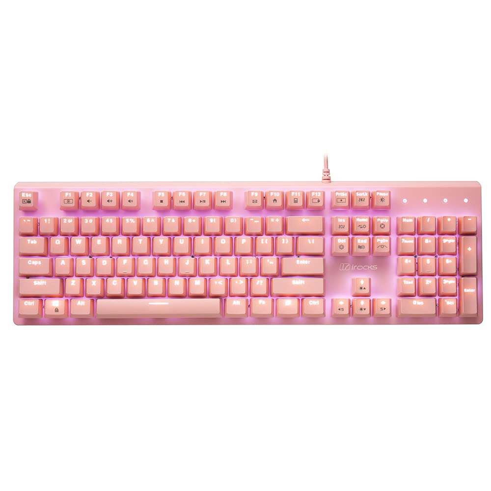 i-rocks K75M Illuminated Mechanical Keyboard, 104 Keys, PBT Keycaps, Backlit LED Light and Shortcut Keys - Programmable Light & Macro Recorder (Cherry MX Red Switch, Pink)