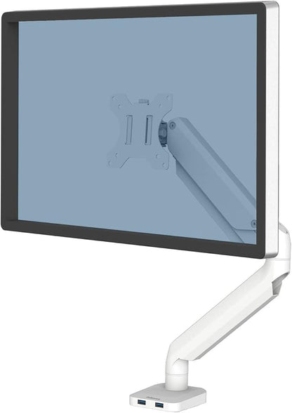 Fellowes Platinum Series Single Monitor Arm for 40-Inch Monitors, Full Motion, 360° Rotation, VESA Mount with Grommet or Clamp, USB Ports, Ergonomic, White, 8056201