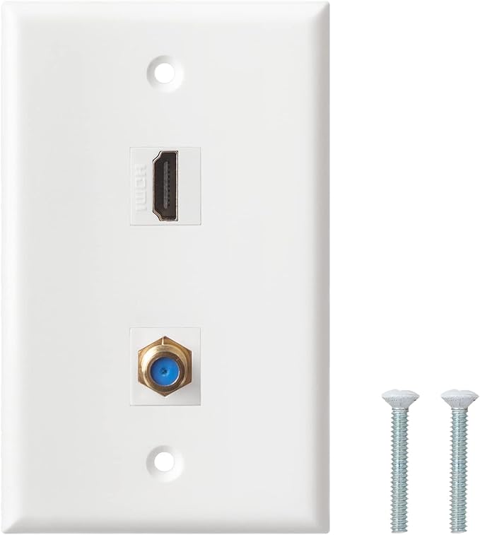 HDMI Wall Plate, 1 Port 4K HDMI Keystone to Female, 1 Port F Type Connector Coax Keystone to Female Wall Plate-White