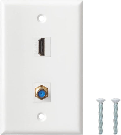 HDMI Wall Plate, 1 Port 4K HDMI Keystone to Female, 1 Port F Type Connector Coax Keystone to Female Wall Plate-White