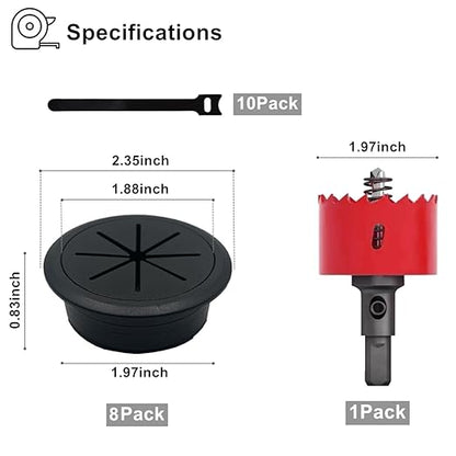 8 Pack Desk Grommet 2 Inch (50 mm), Desk Hole Cover for Cables, Black Desk Cord Hole Cover for Office Home Table, Cable Grommet with 1 Hole Saw Drill Attachment & 10 Cable Ties