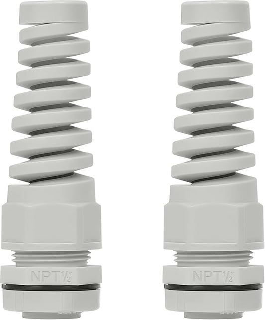 LeMotech 2Pcs NPT 1/2" IP68 Waterproof Cable Gland Flex Spiral Strain Relief Grey Nylon Joint with Gaskets for 6-12mm Wire Thread