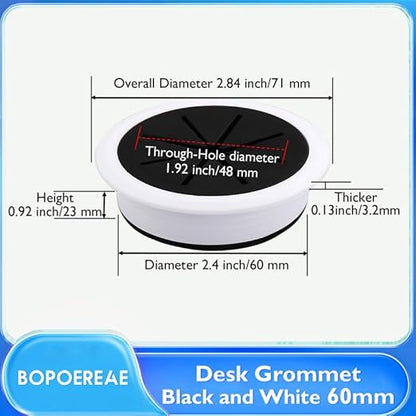 Desk Grommet 2-3/8" (60 mm), Desk Hole Cover for Cables White and Black, Cable Grommet ABS Plastic, Desk Hole Grommet for Office and Home Table Cable, Flexible Cable Cord Organizer-2 Pcs
