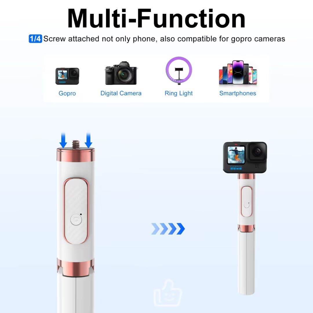 Pperfcoo Selfie Stick Phone Tripod with Remote for iPhone & Android, Portable Aluminum Alloy 3 in 1 Stand for Group Photos with 1/4" Screw for Gopro Cam, Vlog/Travel/Photography
