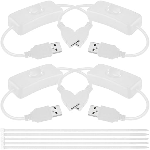 MKBKLLJY 4PCS USB Power Switch Cable USB 2.0 A Male to Female Extension Cord On/Off Adapter with Inline Rocker Switch with Cable Ties for Driving Recorder Small Desk Lamp LED Strip (White)