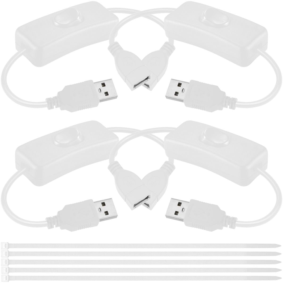 MKBKLLJY 4PCS USB Power Switch Cable USB 2.0 A Male to Female Extension Cord On/Off Adapter with Inline Rocker Switch with Cable Ties for Driving Recorder Small Desk Lamp LED Strip (White)