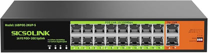 16 Port POE Switch with 2 Gigabit Uplink, IEEE 802.3af/at 100Mbps, 250W Built-in Power,Unmanaged, Extend to 250M for PC Network, AP, IP Phone, Rackmount.