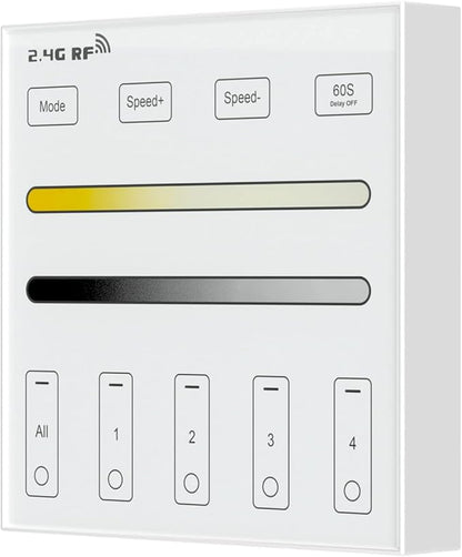 BTF-LIGHTING Wireless 2.4G RF 4 Zone Single Color Wall Mounted Smart Panel Remote Powered by 2XAAA Batteries 3V Work with WB5 LM052 LM053 C01RF C02RF C01W C02W etc PWM Controller