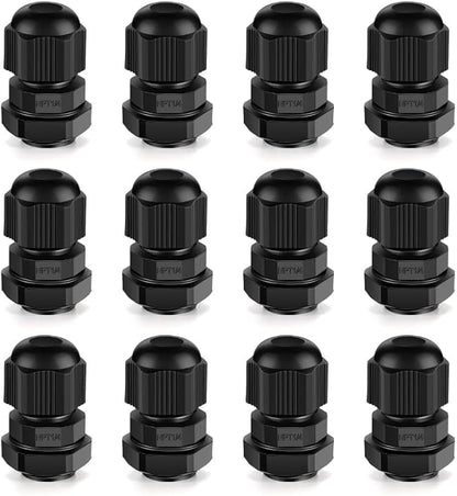 Cable Gland 12 Pack 1/4" NPT Waterproof Adjustable Connector Strain Relief Cord Connectors Joints Nylon with Gaskets…