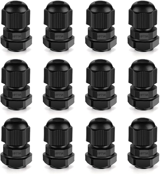 Cable Gland 12 Pack 1/4" NPT Waterproof Adjustable Connector Strain Relief Cord Connectors Joints Nylon with Gaskets…