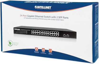 Intellinet 24 Port Gigabit Ethernet Switch with 2 SFP Ports – Unmanaged - Rackmount / Desktop, Fanless & Quiet, Sturdy Metal, 52 Gbps Switch Fabric – 3 Yr Mfg Warranty - 561044