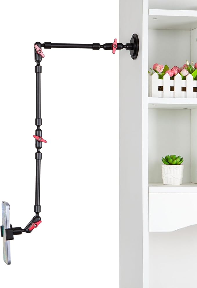 Adjustable Mobile Phone Holder for Desk, Wall Mount and Ceiling Mount Bracket for Phone and Other Smartphones (Metal Base+82cm arms+Phone Clip)