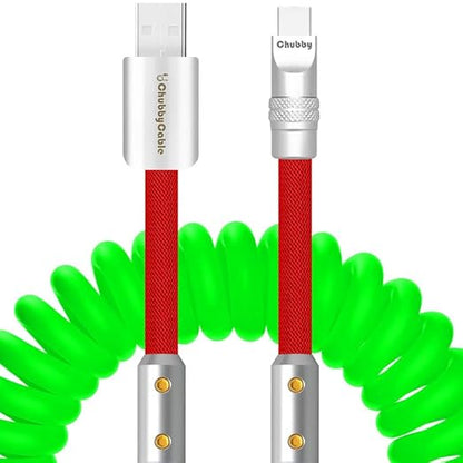 chubbycable Colorblock Chubby - Spring Braided Silicone Charge Cable Coiled USB C Cable Fast Charging Type C Charger Cord for Car, Green+Red, USB-A to Type-C, 2.29FT-3.6FT