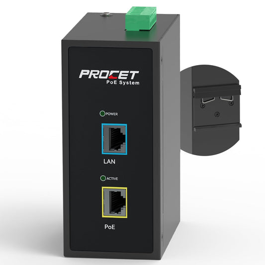 PROCET 10 Gbps Gigabit PoE++ Injector Din Rail, 60W Industrial Boost PoE Adapter with Wide Temp -40°F to 149°F, 6KV Surge Protection, 12-55V DC Input, IEEE802.3af/802.3at/802.3bt, PT-PSE105GB-E-10