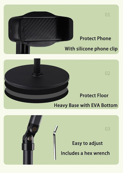 Phone Floor Stand for Recording Cell Phone Holder for Bed, Adjustable Tall Stand with Ultra-Long Extension Arm, 360° Swivel, Compatible with iPhone Samsung and More