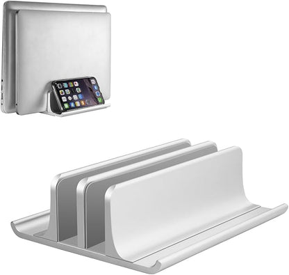 Vaydeer Aluminum Laptop Stand Double-Slot Adjustable Vertical Laptop Stand Newly Designed 2 Slot Desktop Holder for All MacBook/Chromebook/Surface/Dell/iPad Up to 17.3 Inches, Silver
