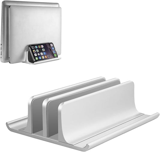 Vaydeer Aluminum Laptop Stand Double-Slot Adjustable Vertical Laptop Stand Newly Designed 2 Slot Desktop Holder for All MacBook/Chromebook/Surface/Dell/iPad Up to 17.3 Inches, Silver