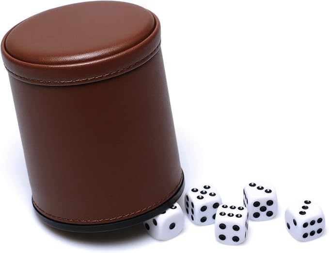 5 Pack PU Leather Dice Cups Felt Lining Quiet Shaker with 30 Dot Dice for Bar Party Yahtzee Farkle Dice Games