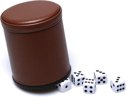 5 Pack PU Leather Dice Cups Felt Lining Quiet Shaker with 30 Dot Dice for Bar Party Yahtzee Farkle Dice Games