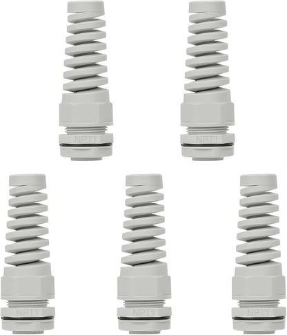 LeMotech 5Pcs NPT 1" IP68 Waterproof Cable Gland Flex Spiral Strain Relief Grey Nylon Joint with Gaskets for 18-25mm Wire Thread