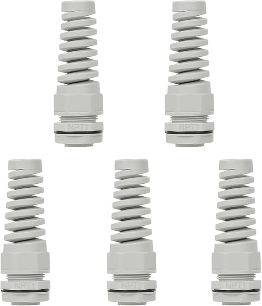 LeMotech 5Pcs NPT 1" IP68 Waterproof Cable Gland Flex Spiral Strain Relief Grey Nylon Joint with Gaskets for 18-25mm Wire Thread