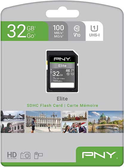 PNY 32GB Elite Class 10 U1 V10 SDHC Flash Memory Card - 100MB/s, Class 10, U1, V10, Full HD, UHS-I, Full Size SD (Pack of 1)