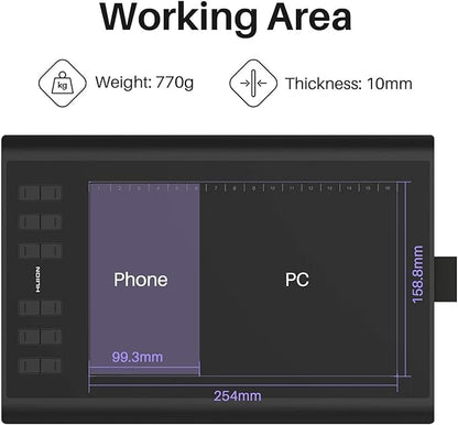 HUION Inspiroy H1060P Graphics Drawing Tablet with 8192 Pressure Sensitivity Battery-Free Stylus and 12 Customized Hot Keys, 10 x 6.25 inches Digital Art Tablet for Mac, Windows PC and Android