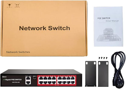STEAMEMO 16 Port Gigabit PoE Switch, Smart Managed Gigabit Ethernet Switch, 16 PoE+ Ports@240W, Plug and Play, Vlan, Fanless, Desktop or Rackmount, Overload Protection w/ Port