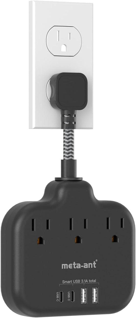 Short Extension Cord 3 Inch, Flat Plug Small Power Strip with 3 AC & 4 USB(1 USB-C), 1875W/15A, Multi Plug Outlet Extender, Non-Surge Protection for Cruise Travel Dorm Kitchen, Black