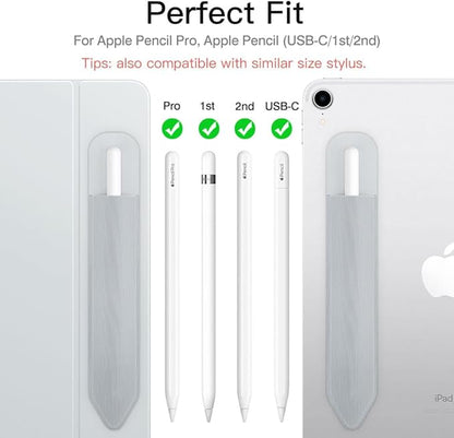 MoKo Pencil Holder Sticker Compatible with iPad Pencil 1st/2nd Generation, Elastic Pencil Case PU Leather Pouch for iPad 9th/8th Generation, iPad Air 4, iPad Pro 11&12.9, iPad Mini 6, Silver Grey