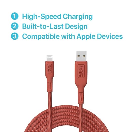 BLACK+DECKER Lightning to USB Cable - Fast Compatible iPhone Lightning Cable - Durable Braided iPhone Charger Cord - for Travel and Daily Use - Multiple Color + Length Options - 9ft
