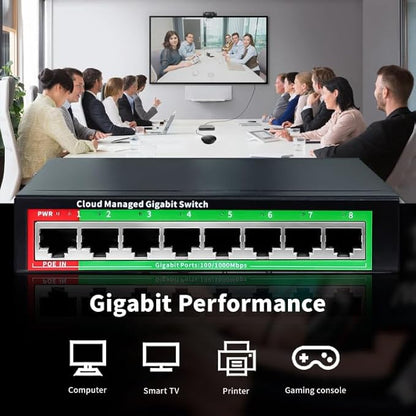 STEAMEMO 8-Port Gigabit Ethernet Switch | Smart Managed with VLAN & QoS | Plug & Play Desktop/Wall-Mount Network Hub w/ PoE in Design | Metal Housing & Web Managed(Includes Power Adapter)