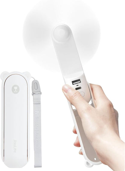 JISULIFE Handheld Fan with 4500 mAh Powerbank Max 37 Hours Runtime, Pocket Portable Battery Operated or USB Powered Folding Personal Fan, 3 Speeds, Gifts for Women Men Kids Gift for Festival-White