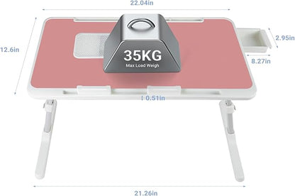 Laptop Lap Desk Include Cooling Fan,Adjustable Lap Desk with Light Fan,Folding Laptop Desk for Bed with USB,Bed Desk with Storage Drawer 56x32cm,Pink