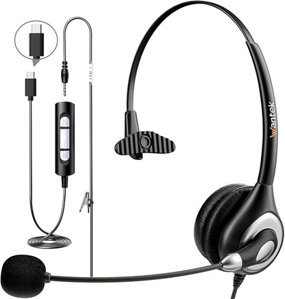 Wantek Headset with Microphone for PC Wired Headphones - USB C 3.5mm Headsets with Noise-Cancelling Microphone for Laptop