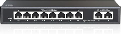ZOSI 8 Port Gigabit PoE Switch with 2 Gigabit Uplink Port, 96W for 8 PoE+ Ports, IEEE802.3af/at, Unmanaged Ethernet Switch, Plug & Play, Sturdy Metal Casing, Desktop/Wall-Mount