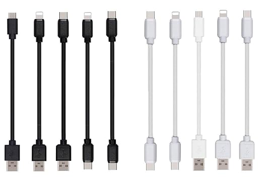 JuSoFU 10-Pack Multi Short USB Cables & TypeC-C Cables for Charging Stations Compatible/w iPhone17,16,15, iPhone14-5/ iPads/iPad mini/iPad Pros/Samsung Moblies & Tablets/Pixel & Nexus/HTC/Sony(Black)