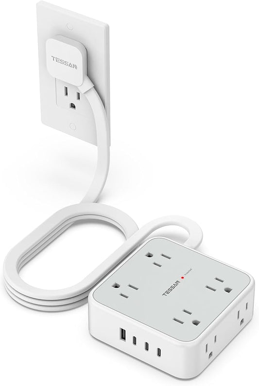 TESSAN Surge Protector Power Strip, 5 Ft Flat Plug Extension Cord with 4 USB (3 USB C) 8 Outlets, 1875W, 900J Protection, 3 Sided Outlet Extender with Power Switch for Office, Dorm Room, Grey
